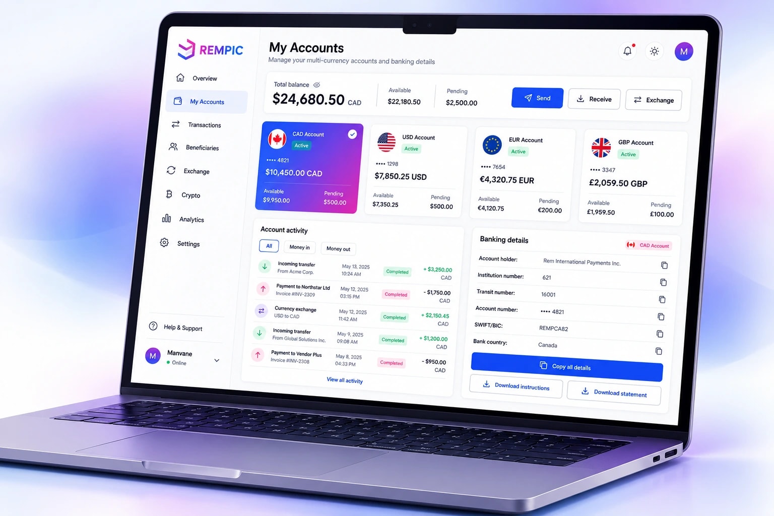 REMPIC multi-currency account dashboard displayed on a silver 3D laptop — illustrative mockup