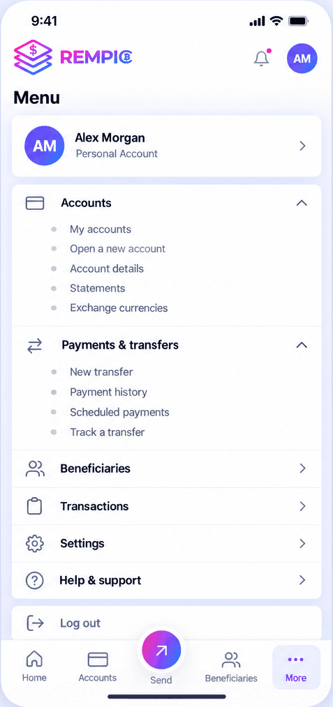 REMPIC mobile app menu